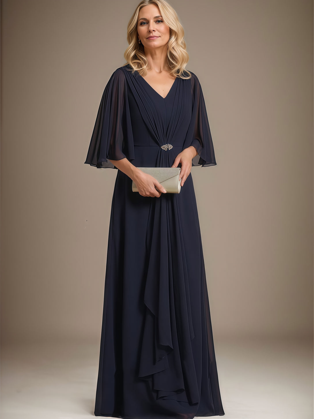 V-Neck Cape A-Line Floor-Length Chiffon Mother of the Bride Dress With Beads/Pleated/Cascading Ruffles BabaMila