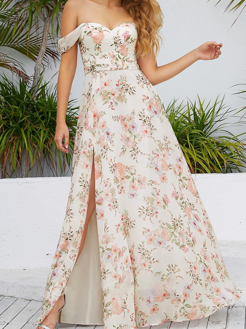 A-Line/Princess Sweetheart Neck Off-the-shoulder Printed Chiffon Floor-Length Prom Dress with Split Side/Belt BabaMila