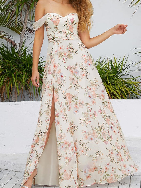 A-Line/Princess Sweetheart Neck Off-the-shoulder Printed Chiffon Floor-Length Prom Dress with Split Side/Belt BabaMila