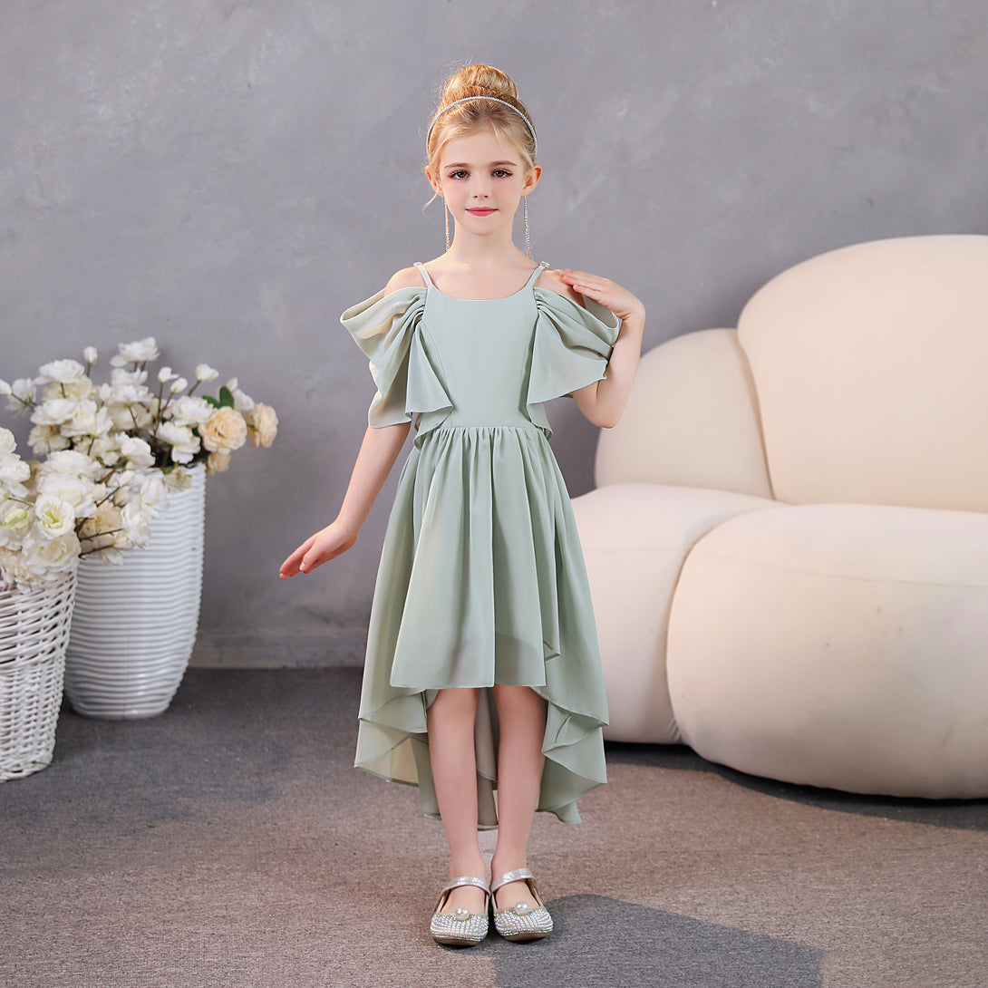 Girls Birthday Dresses Cold Shoulder Flutter Straps Chiffon Asymmetrical Junior Bridesmaid Dress/Party Dresses With Pleated Gidiondress