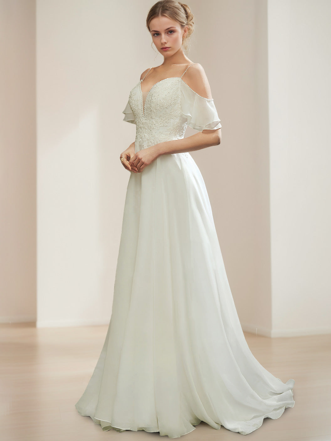 A-Line/Princess Spaghetti Straps Sleeveless Floor-Length Wedding Dress with Appliques & Sequins BabaMila