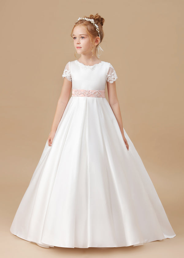 Ball Gown Short Sleeve Scoop Neck Sweep Train Floor-Length Lace/Tulle/Satin Flower Girl Dresses/First Communion Dress With Beads Belt/Appliques Girls Gidiondress