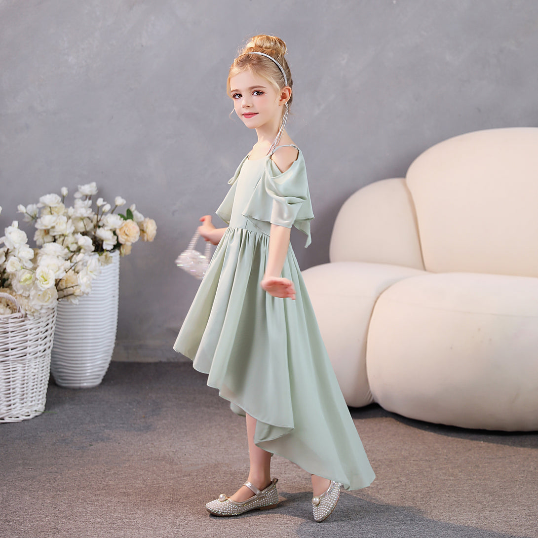 Girls Birthday Dresses Cold Shoulder Flutter Straps Chiffon Asymmetrical Junior Bridesmaid Dress/Party Dresses With Pleated Gidiondress