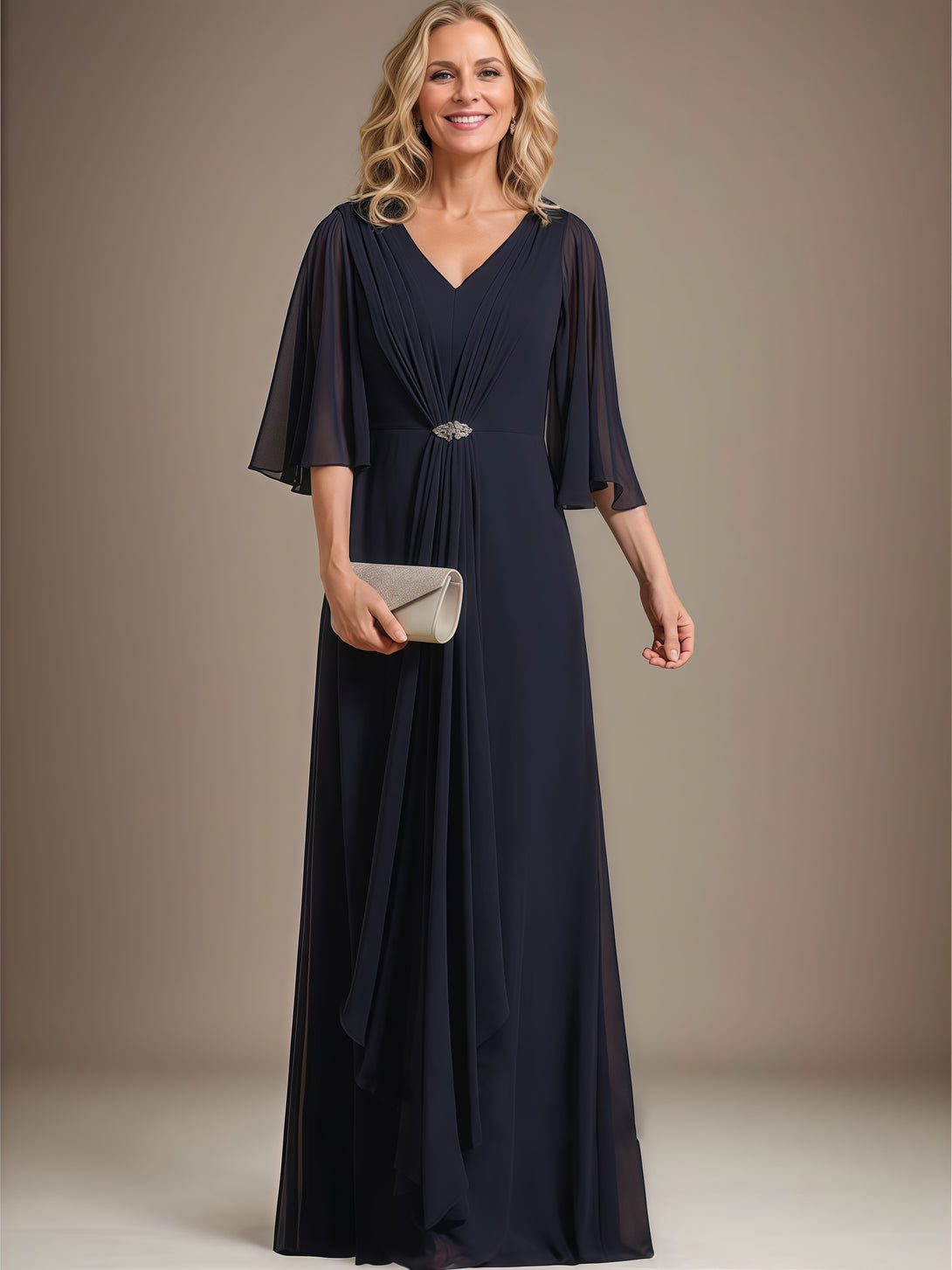 V-Neck Cape A-Line Floor-Length Chiffon Mother of the Bride Dress With Beads/Pleated/Cascading Ruffles BabaMila