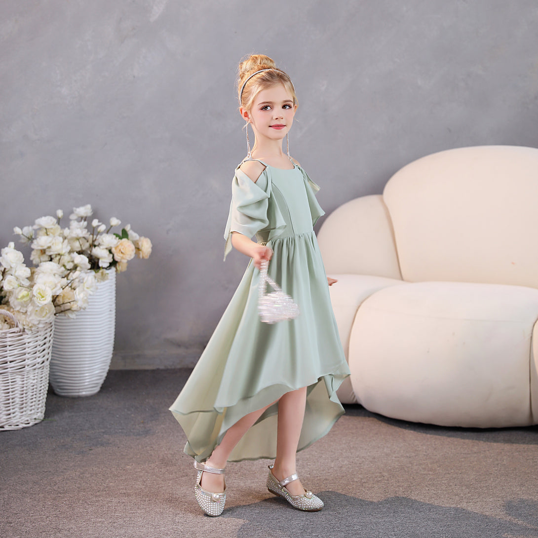 Girls Birthday Dresses Cold Shoulder Flutter Straps Chiffon Asymmetrical Junior Bridesmaid Dress/Party Dresses With Pleated Gidiondress