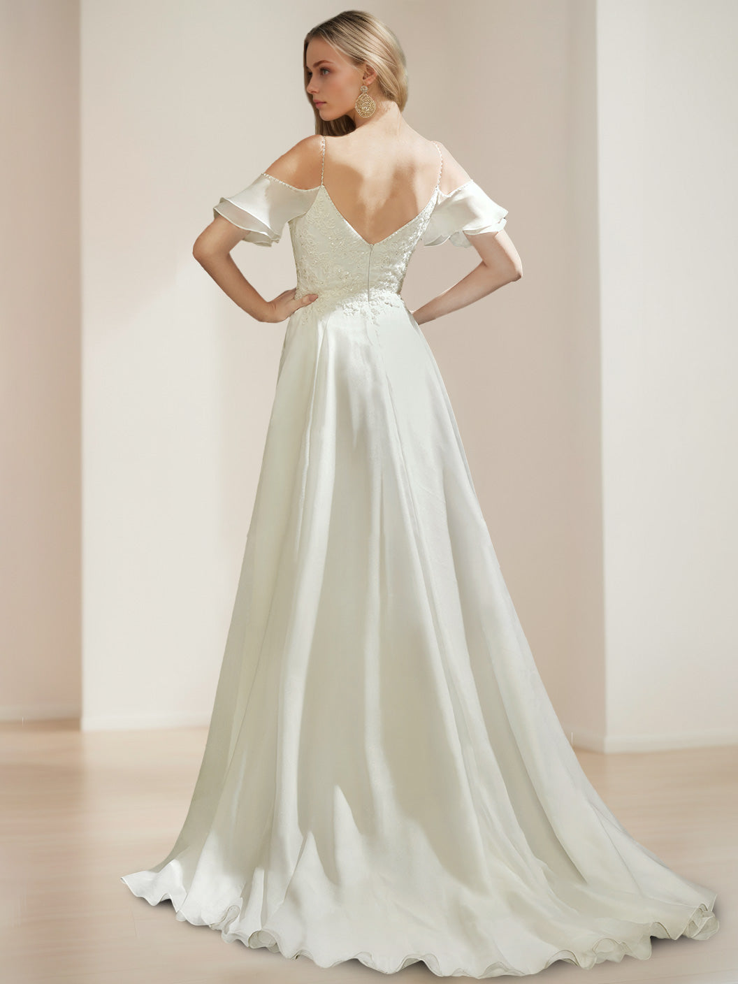 A-Line/Princess Spaghetti Straps Sleeveless Floor-Length Wedding Dress with Appliques & Sequins BabaMila