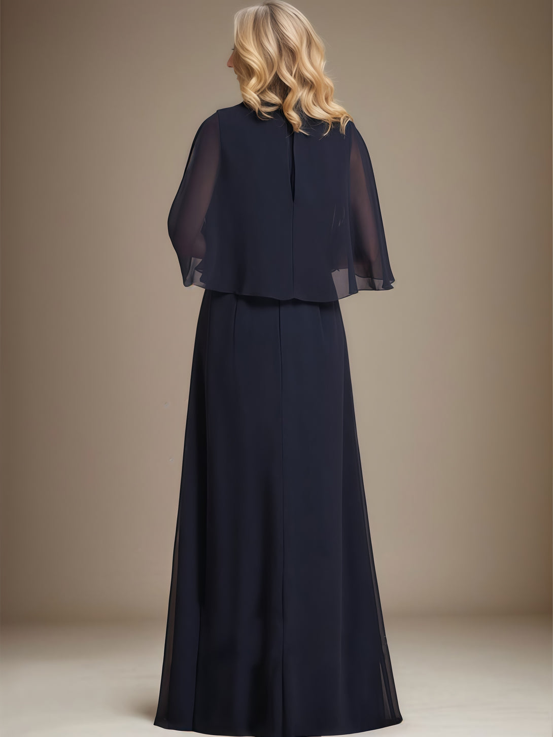 V-Neck Cape A-Line Floor-Length Chiffon Mother of the Bride Dress With Beads/Pleated/Cascading Ruffles BabaMila