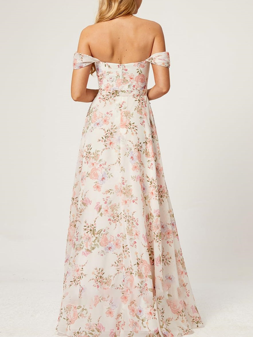 A-Line/Princess Sweetheart Neck Off-the-shoulder Printed Chiffon Floor-Length Prom Dress with Split Side/Belt BabaMila