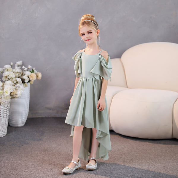 Girls Birthday Dresses Cold Shoulder Flutter Straps Chiffon Asymmetrical Junior Bridesmaid Dress/Party Dresses With Pleated Gidiondress as picture 12M