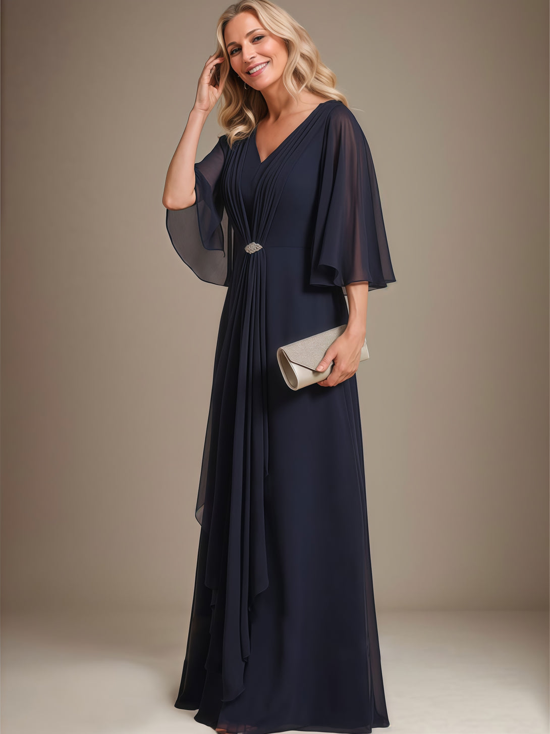 V-Neck Cape A-Line Floor-Length Chiffon Mother of the Bride Dress With Beads/Pleated/Cascading Ruffles BabaMila
