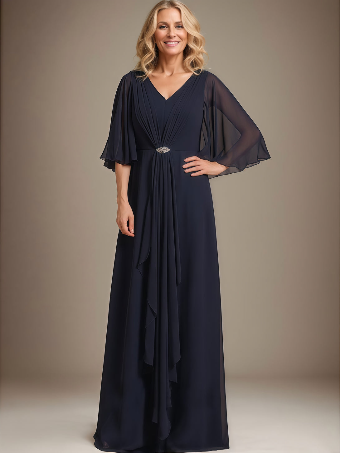 V-Neck Cape A-Line Floor-Length Chiffon Mother of the Bride Dress With Beads/Pleated/Cascading Ruffles BabaMila