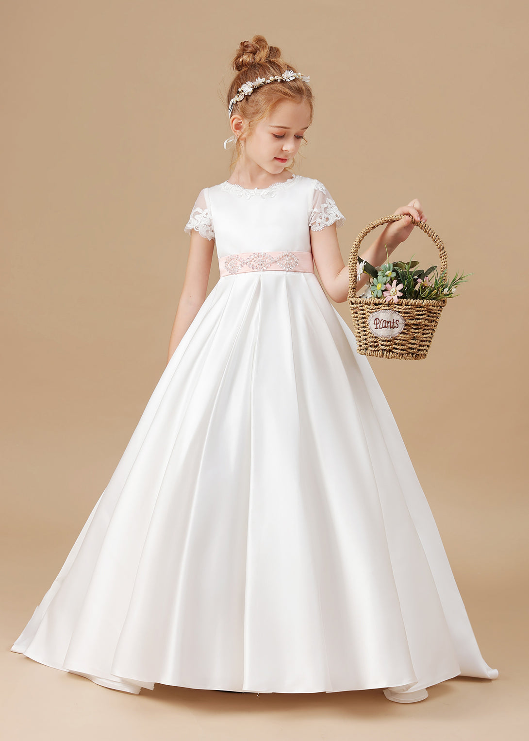 Ball Gown Short Sleeve Scoop Neck Sweep Train Floor-Length Lace/Tulle/Satin Flower Girl Dresses/First Communion Dress With Beads Belt/Appliques Girls Gidiondress Ivory 12M