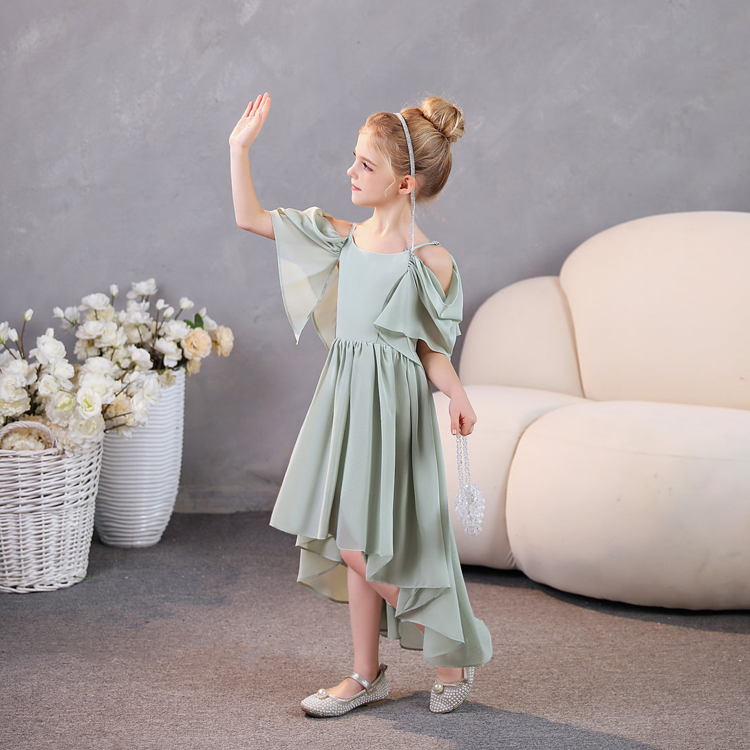 Girls Birthday Dresses Cold Shoulder Flutter Straps Chiffon Asymmetrical Junior Bridesmaid Dress/Party Dresses With Pleated Gidiondress