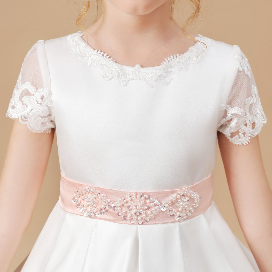 Ball Gown Short Sleeve Scoop Neck Sweep Train Floor-Length Lace/Tulle/Satin Flower Girl Dresses/First Communion Dress With Beads Belt/Appliques Girls Gidiondress