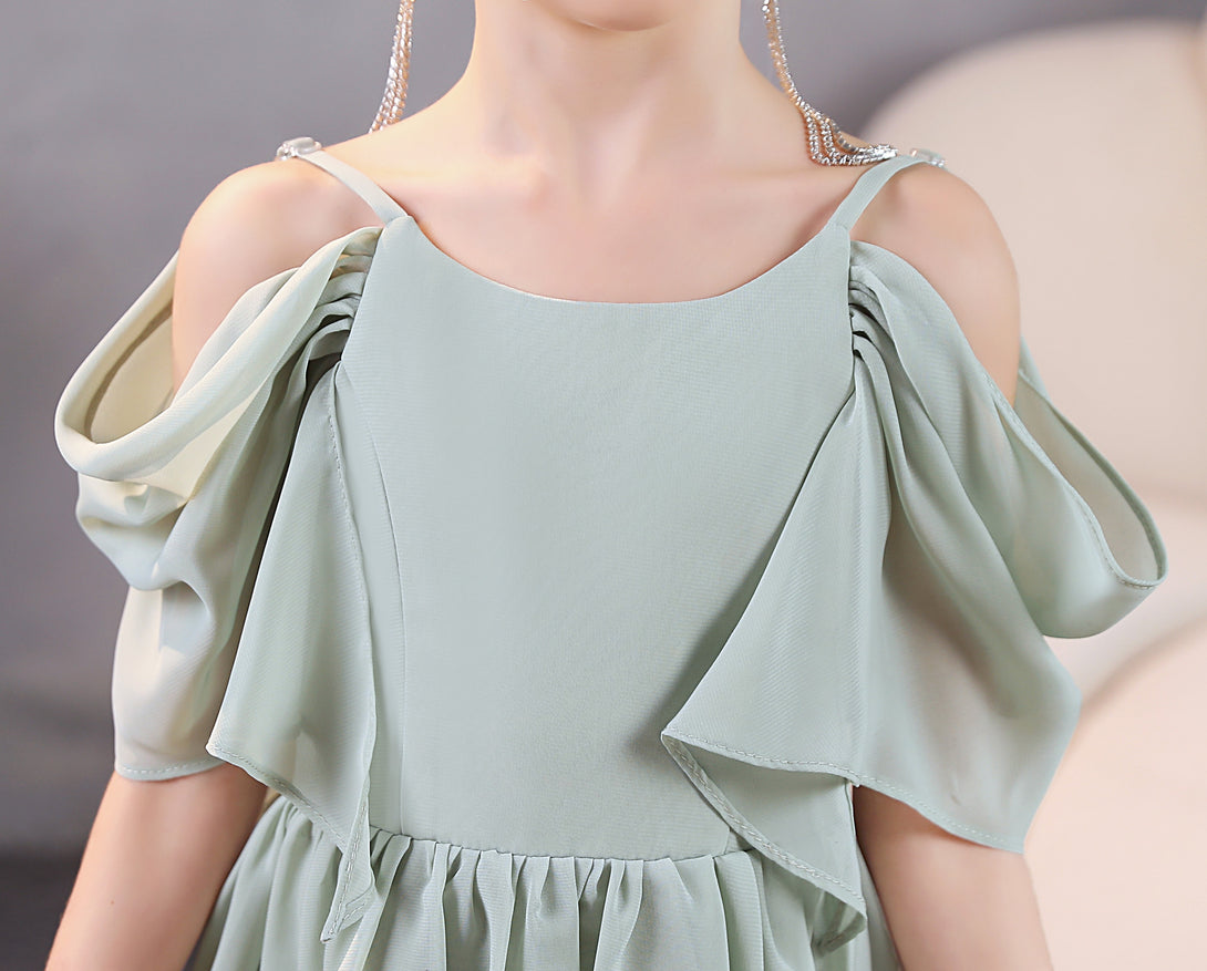 Girls Birthday Dresses Cold Shoulder Flutter Straps Chiffon Asymmetrical Junior Bridesmaid Dress/Party Dresses With Pleated Gidiondress