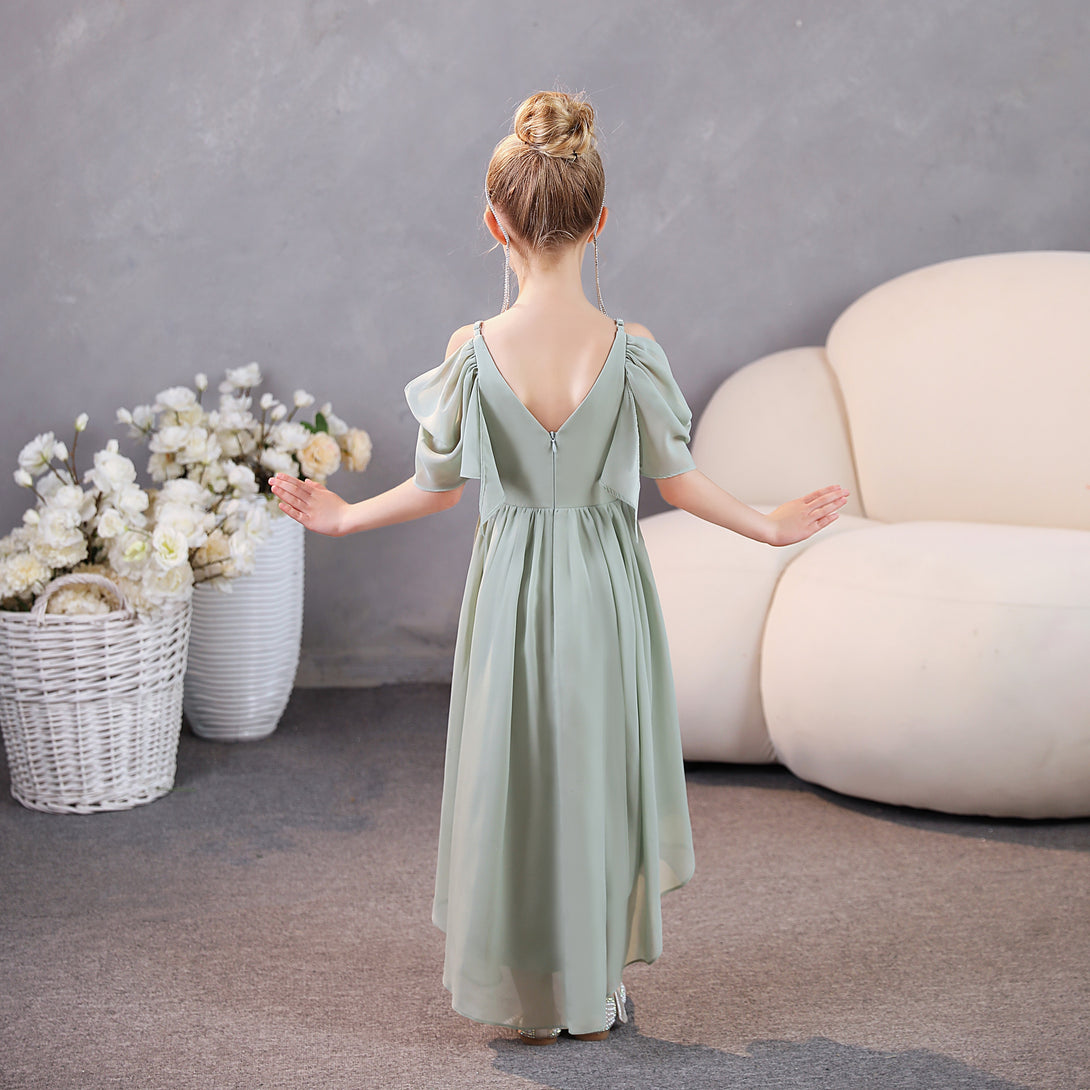 Girls Birthday Dresses Cold Shoulder Flutter Straps Chiffon Asymmetrical Junior Bridesmaid Dress/Party Dresses With Pleated Gidiondress