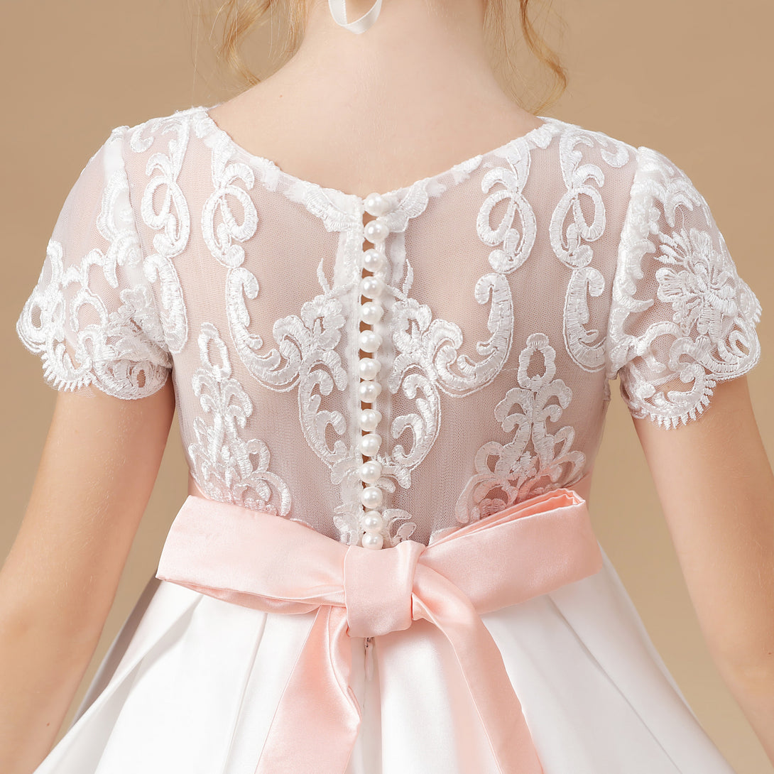 Ball Gown Short Sleeve Scoop Neck Sweep Train Floor-Length Lace/Tulle/Satin Flower Girl Dresses/First Communion Dress With Beads Belt/Appliques Girls Gidiondress