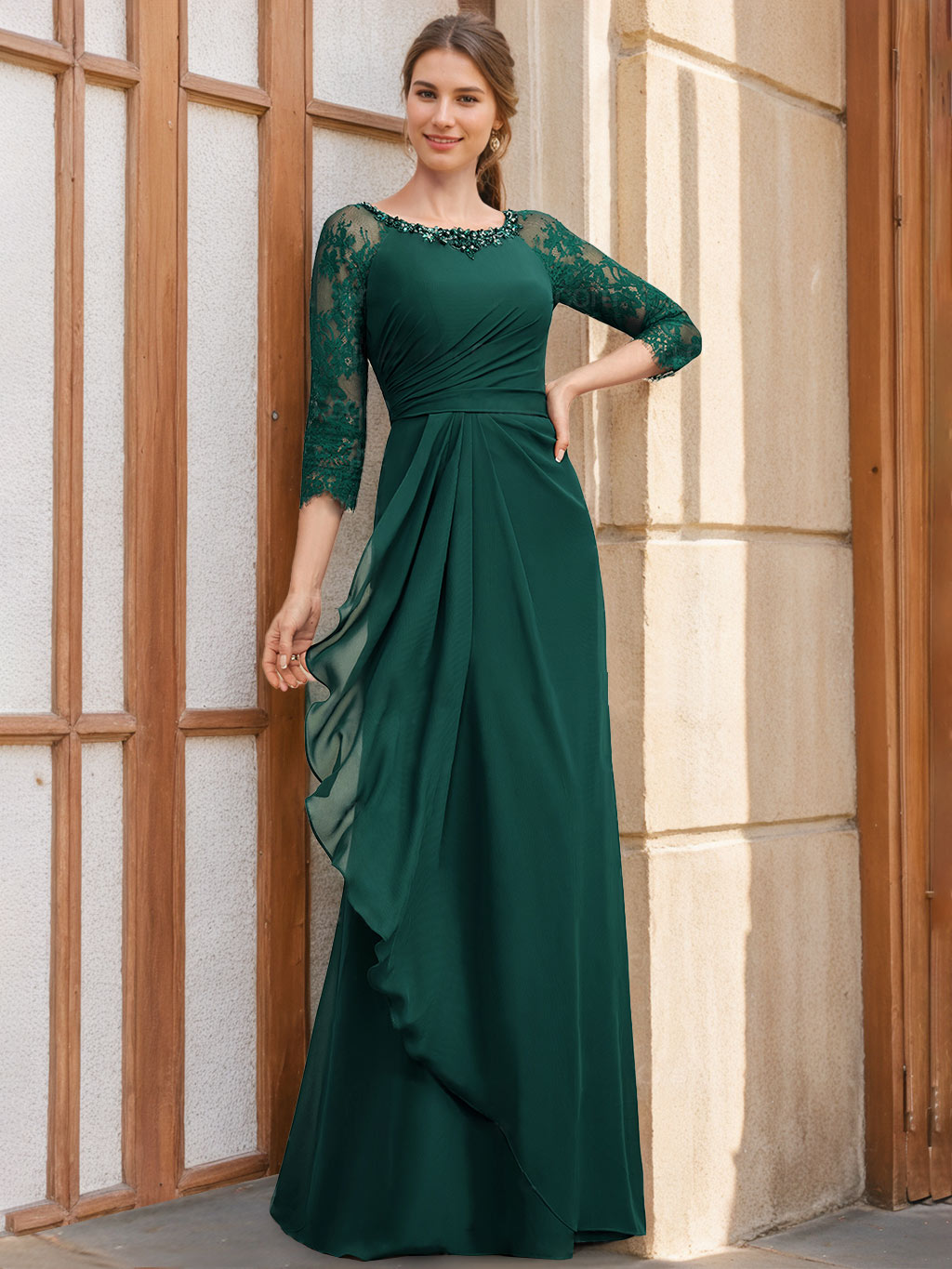 A-Line/Princess Scoop 3/4 Length Sleeves Floor-Length Sequined Mother Of The Bride Dresses With Ruffles & Appliques BabaMila