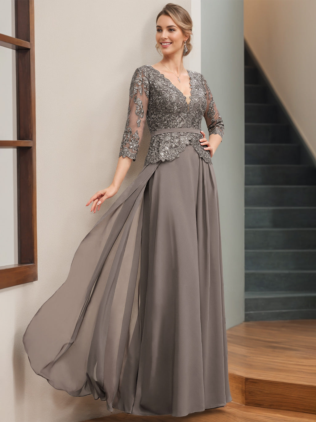 A-Line/Princess V-Neck 3/4 Length Sleeves Floor-Length Mother Of The Bride Dresses With Appliques & Sequins BabaMila