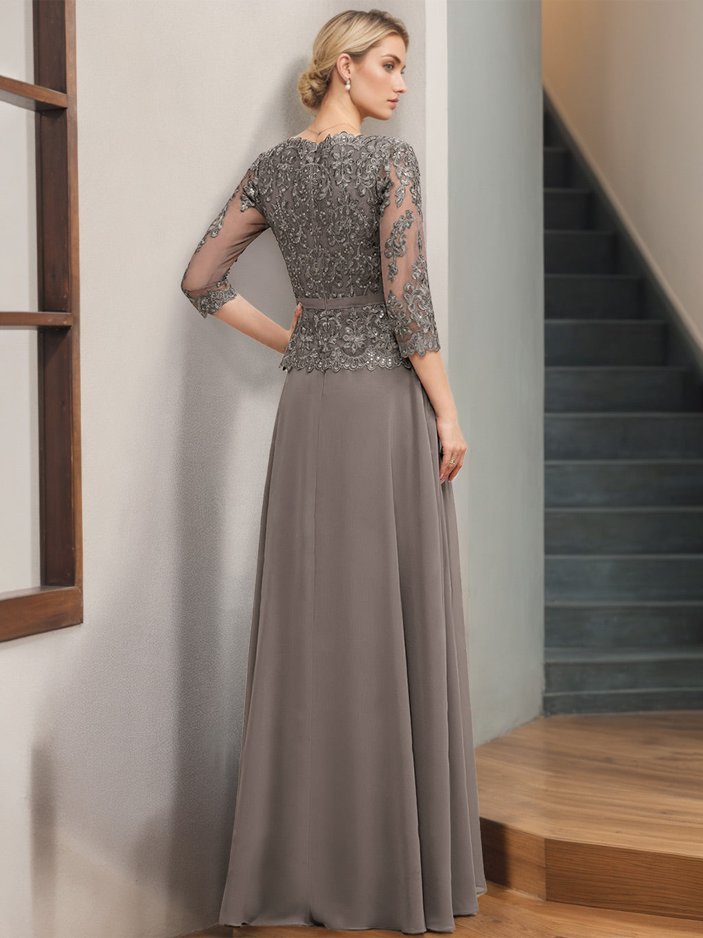 A-Line/Princess V-Neck 3/4 Length Sleeves Floor-Length Mother Of The Bride Dresses With Appliques & Sequins BabaMila