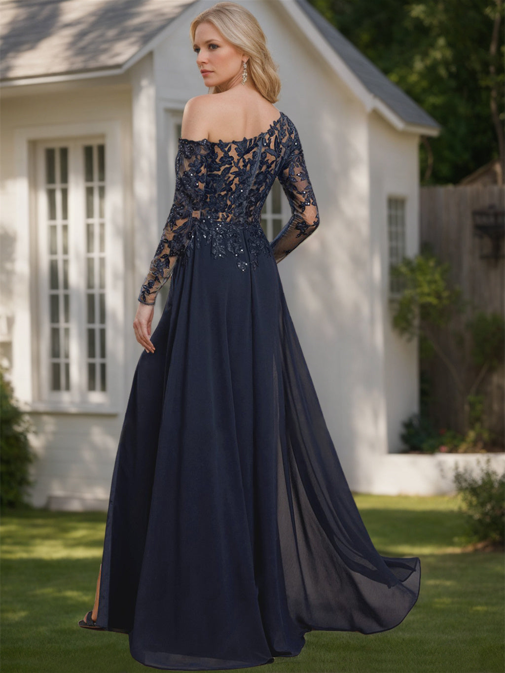 A-Line/Princess One-Shoulder Long Sleeves Floor Length Mother Of The Bride Dresses With High Split BabaMila