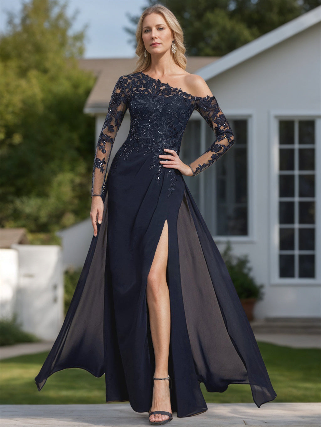 A-Line/Princess One-Shoulder Long Sleeves Floor Length Mother Of The Bride Dresses With High Split BabaMila