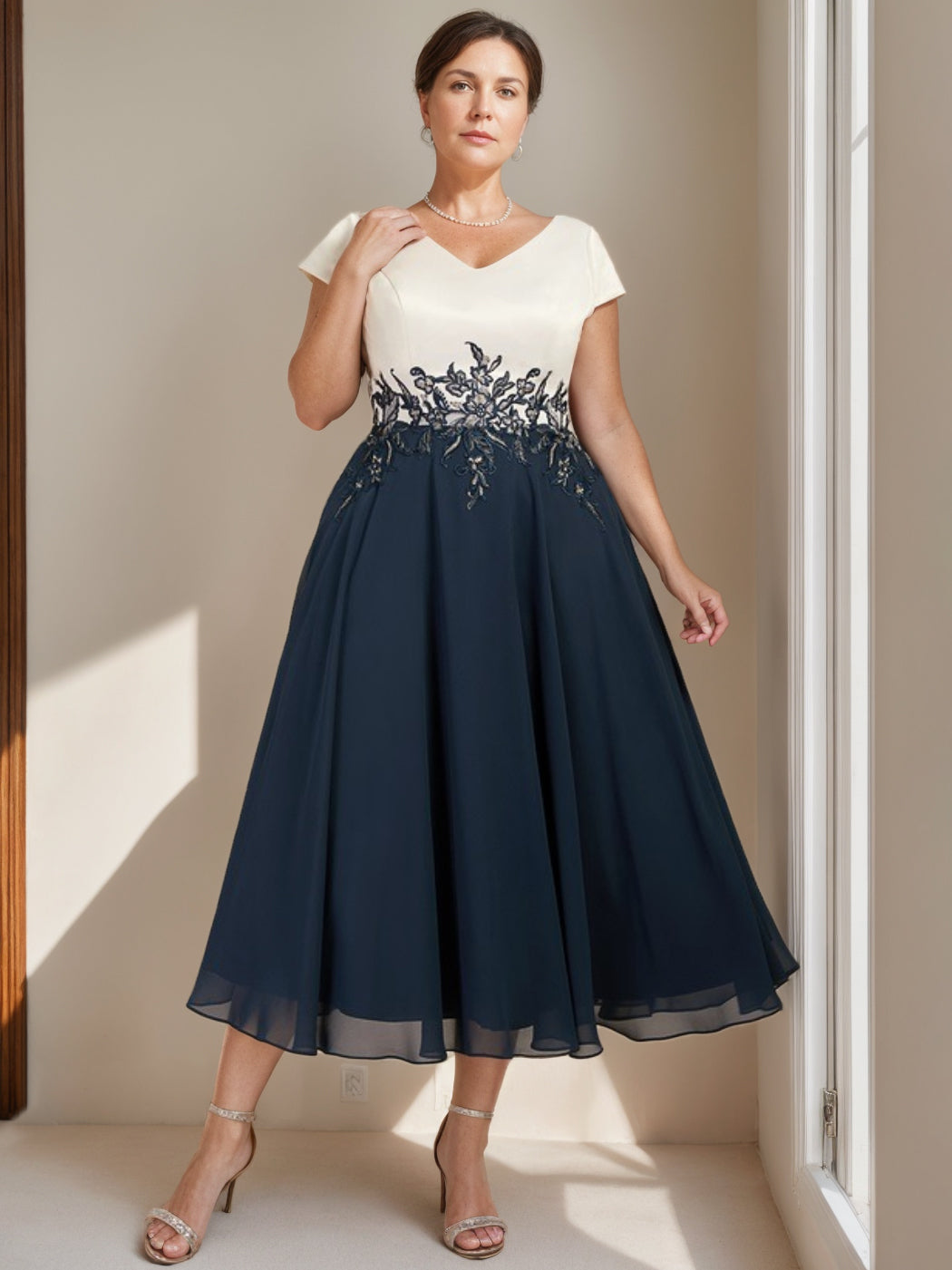 A-Line/Princess V-Neck Short Sleeves Tea-Length Plus Size Mother Of The Bride Dresses With Lace BabaMila