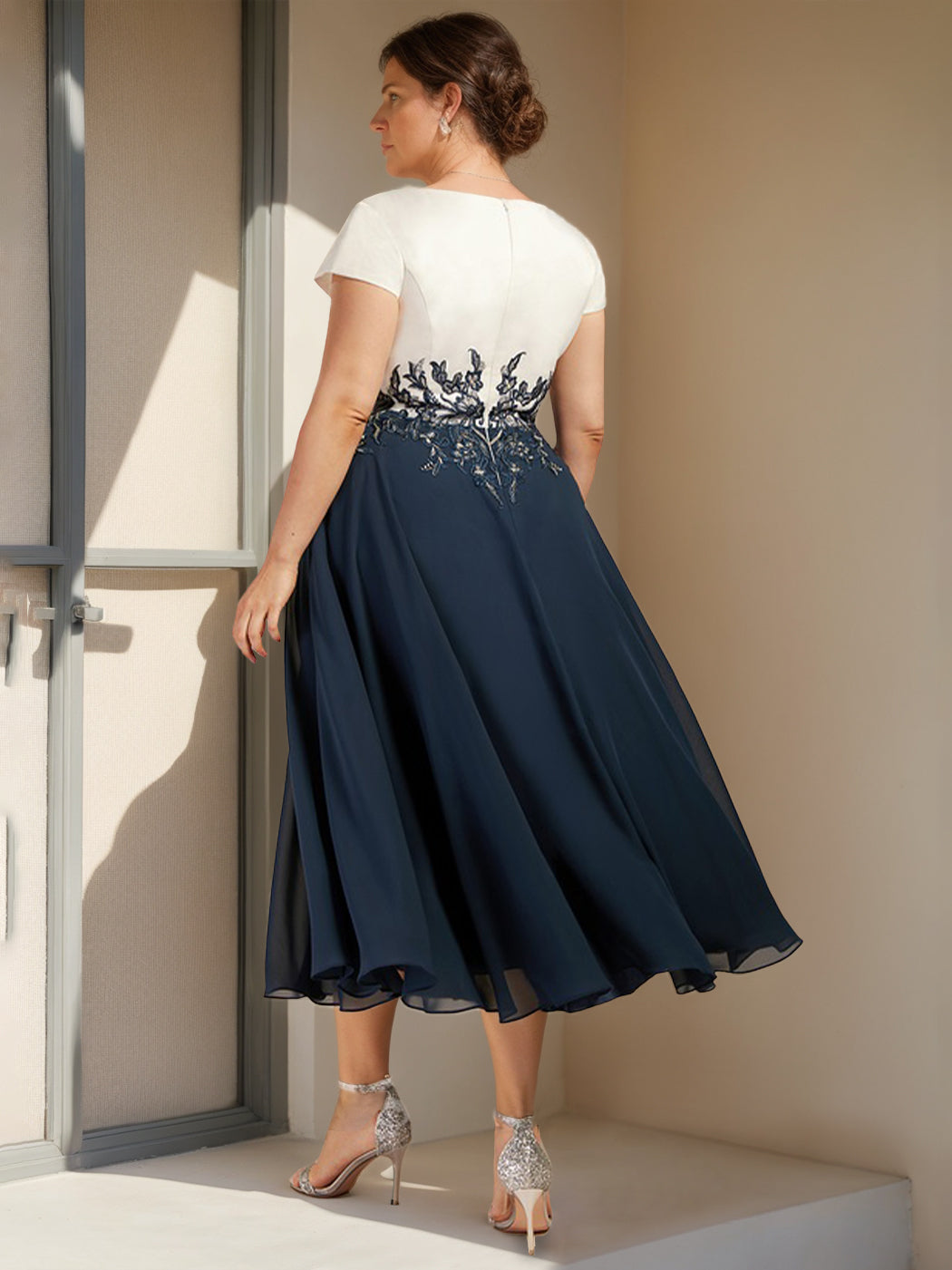 A-Line/Princess V-Neck Short Sleeves Tea-Length Plus Size Mother Of The Bride Dresses With Lace BabaMila