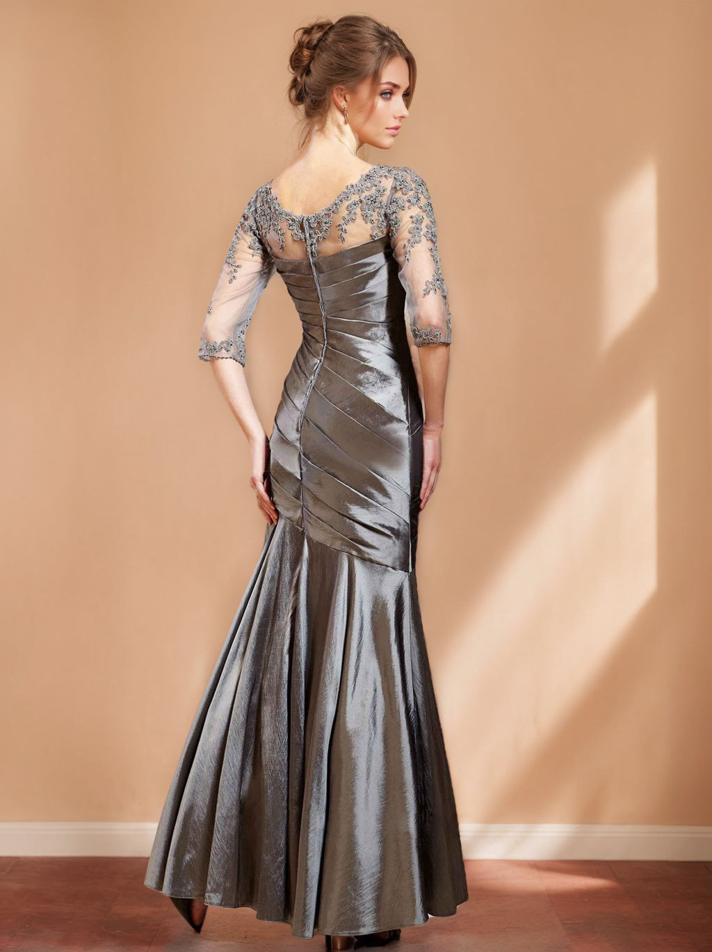 Trumpet/Mermaid V-Neck 3/4 Length Sleeves Floor-Length Unique Mother Of The Bride Dresses With Appliques & Ruching BabaMila