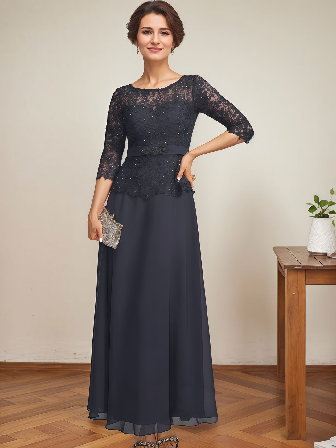 Round Neck 3/4 Sleeve A-Line Ankel-Length Chiffon/Lace Mother of the Bride Dress With Appliques/Beads/Belt BabaMila