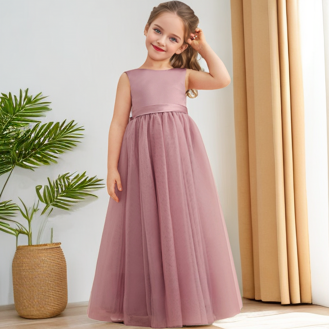 Simple Boat Neck Sleeveless Satin/Tulle Floor-Length Girls Birthday Dresses With Belt/Bow Girls Gidiondress as picture 12M