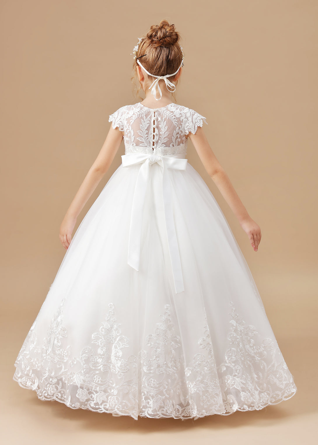 Ball-Gown/Princess Scoop Floor-Length Tulle/Lace Applique Flower Girl Dress/First Communion Dress With Belt Girls Gidiondress