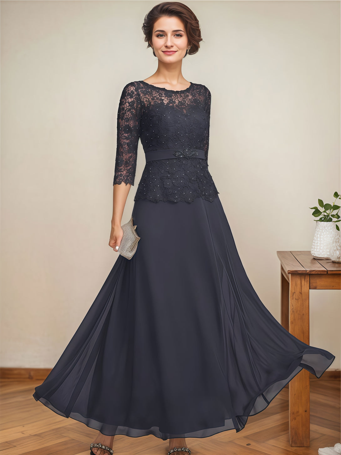 Round Neck 3/4 Sleeve A-Line Ankel-Length Chiffon/Lace Mother of the Bride Dress With Appliques/Beads/Belt BabaMila