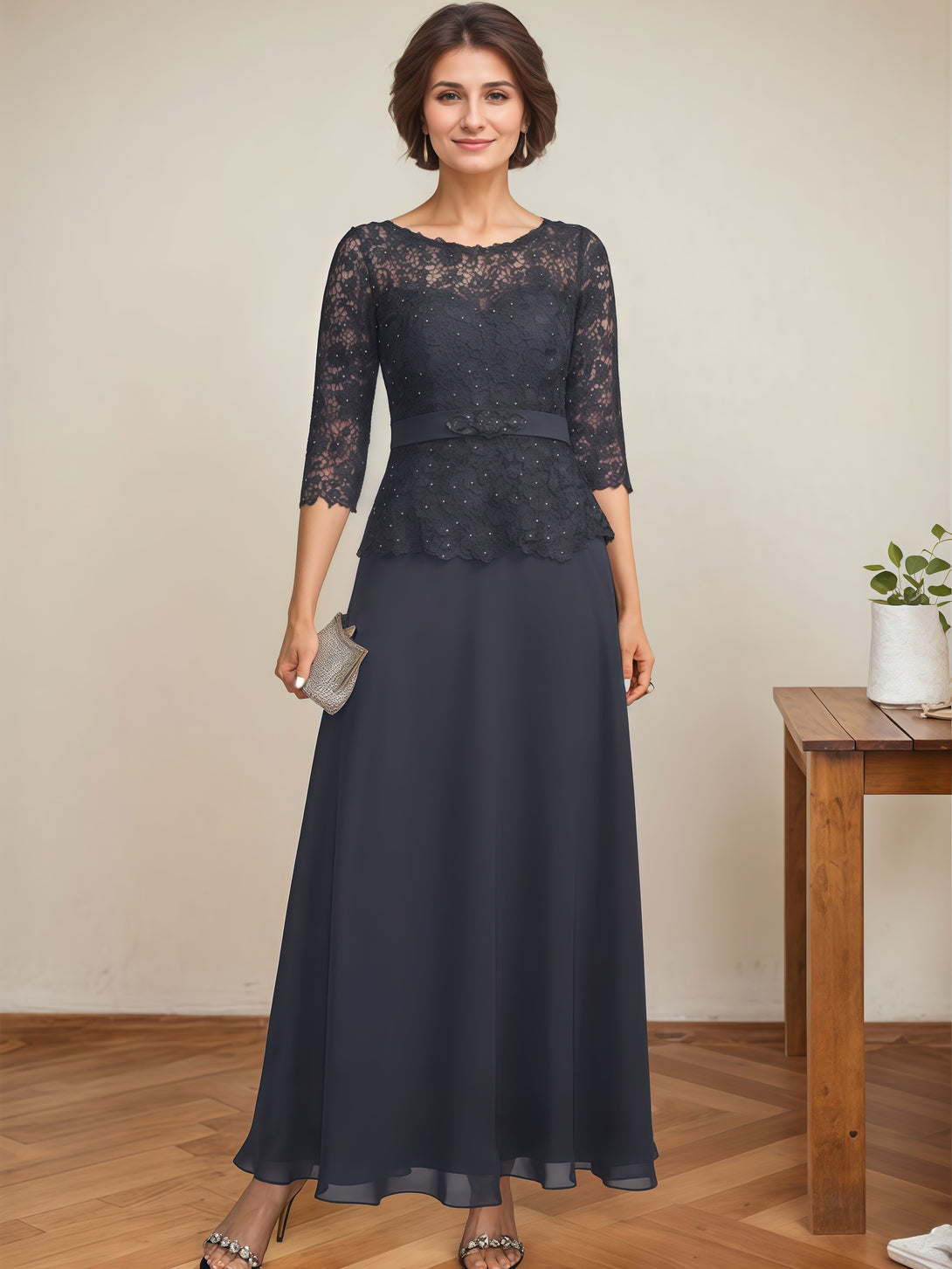 Round Neck 3/4 Sleeve A-Line Ankel-Length Chiffon/Lace Mother of the Bride Dress With Appliques/Beads/Belt BabaMila