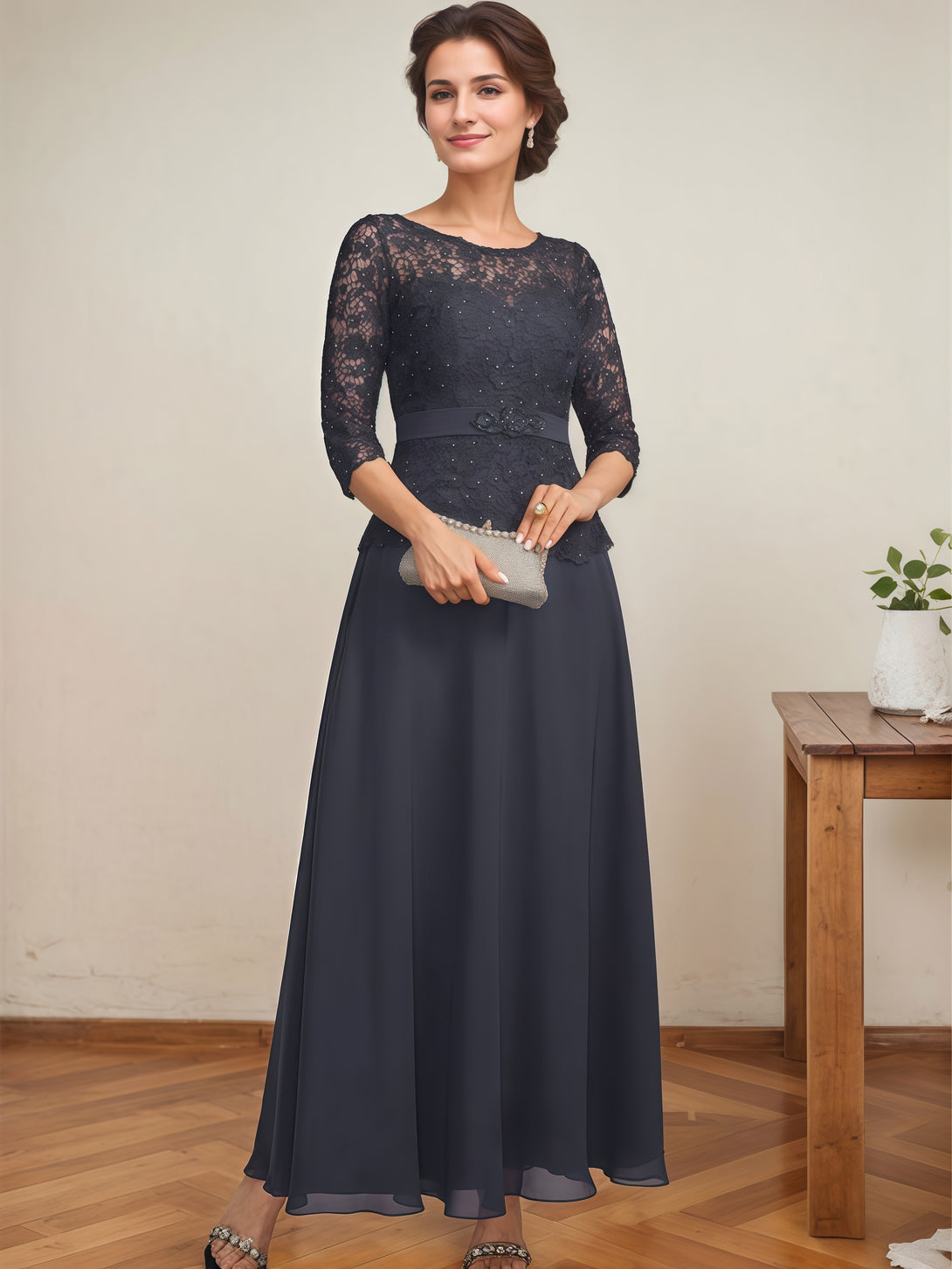 Round Neck 3/4 Sleeve A-Line Ankel-Length Chiffon/Lace Mother of the Bride Dress With Appliques/Beads/Belt BabaMila