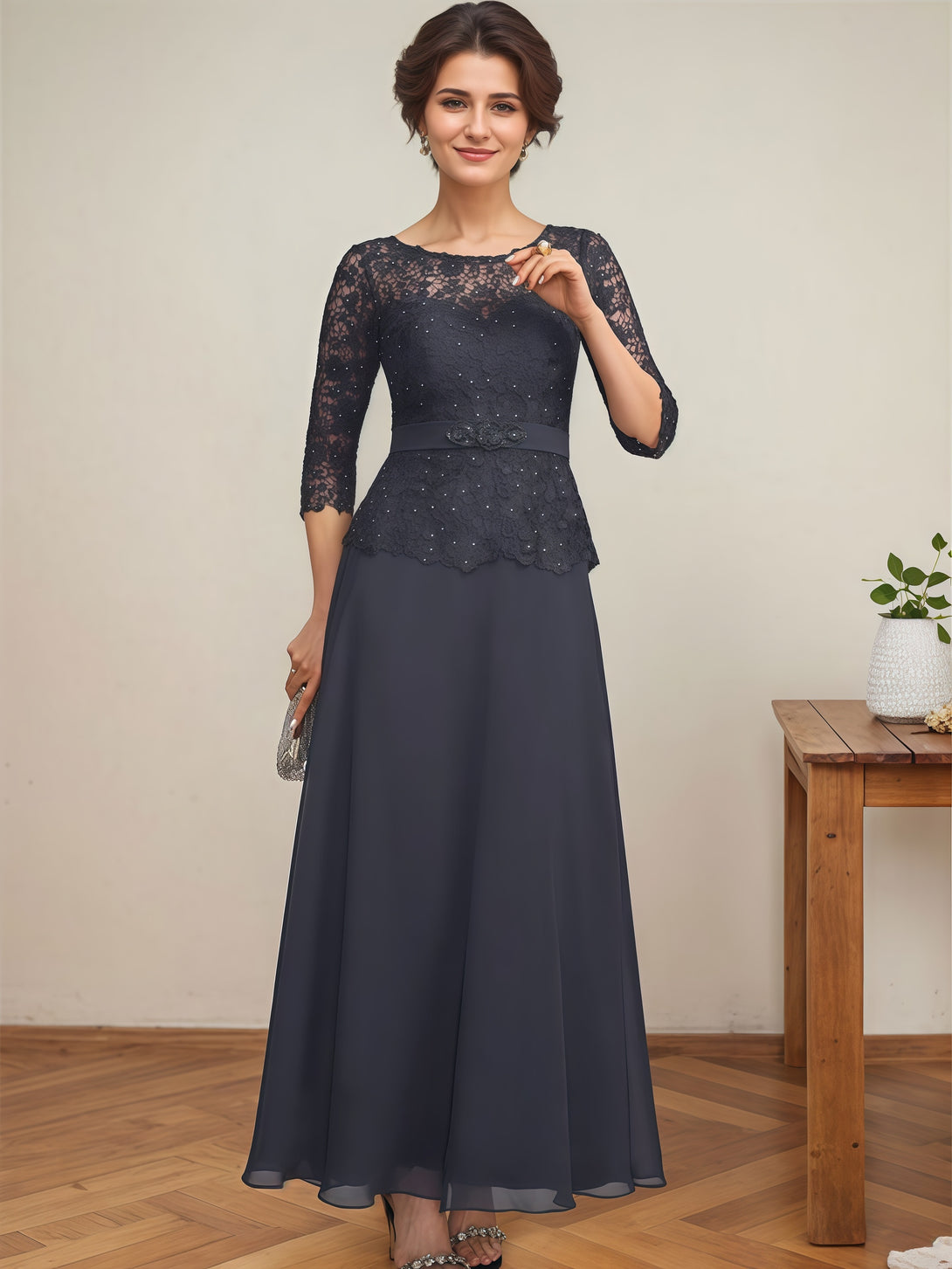 Round Neck 3/4 Sleeve A-Line Ankel-Length Chiffon/Lace Mother of the Bride Dress With Appliques/Beads/Belt BabaMila