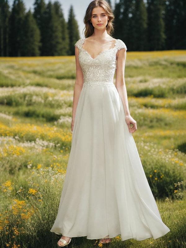 A-Line/Princess V-Neck Sleeveless Ankle-Length Wedding Dress with Appliques BabaMila