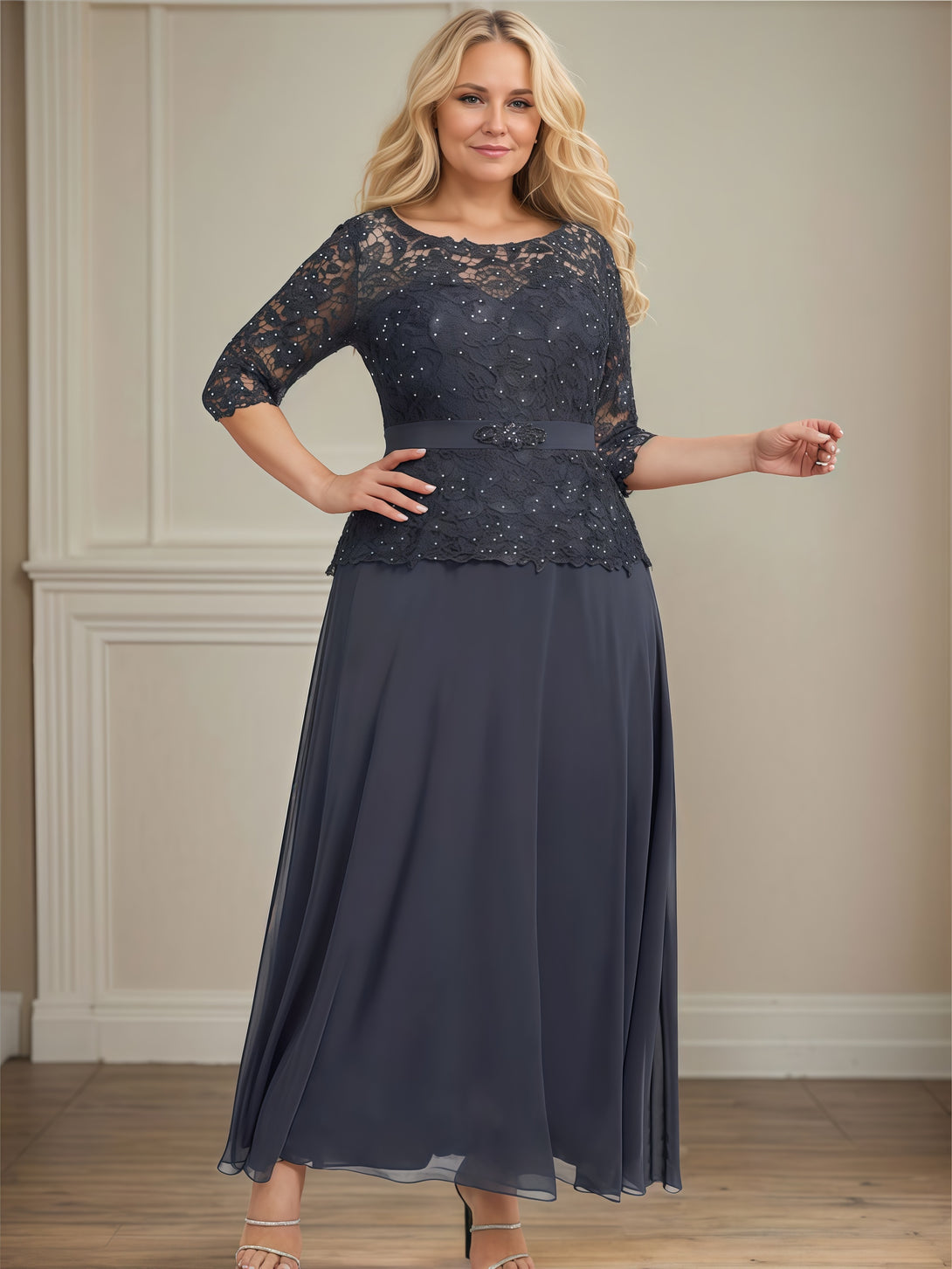 Round Neck 3/4 Sleeve A-Line Ankel-Length Chiffon/Lace Mother of the Bride Dress With Appliques/Beads/Belt BabaMila