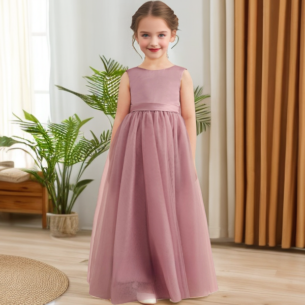 Simple Boat Neck Sleeveless Satin/Tulle Floor-Length Girls Birthday Dresses With Belt/Bow Girls Gidiondress