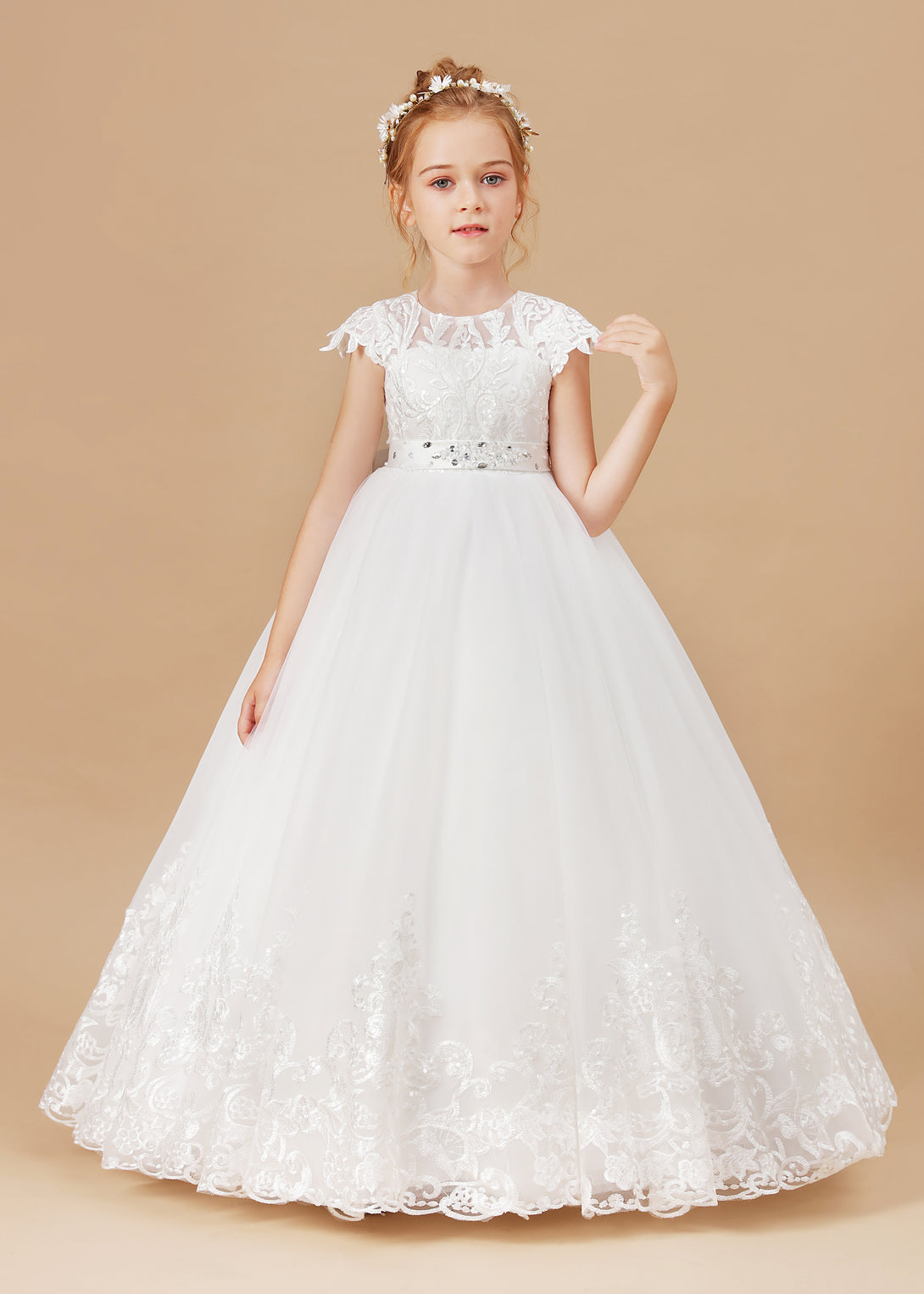 Ball-Gown/Princess Scoop Floor-Length Tulle/Lace Applique Flower Girl Dress/First Communion Dress With Belt Girls Gidiondress