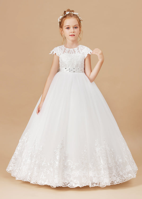 Ball-Gown/Princess Scoop Floor-Length Tulle/Lace Applique Flower Girl Dress/First Communion Dress With Belt Girls Gidiondress