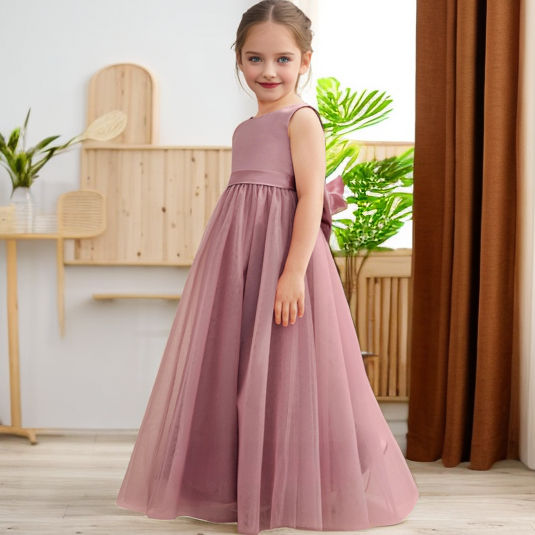 Simple Boat Neck Sleeveless Satin/Tulle Floor-Length Girls Birthday Dresses With Belt/Bow Girls Gidiondress