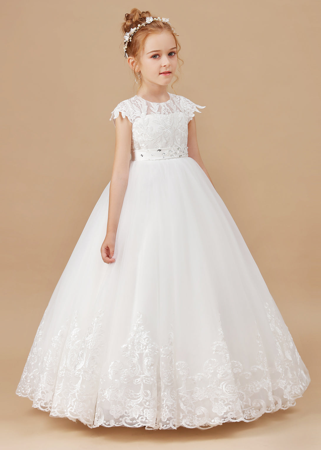 Ball-Gown/Princess Scoop Floor-Length Tulle/Lace Applique Flower Girl Dress/First Communion Dress With Belt Girls Gidiondress