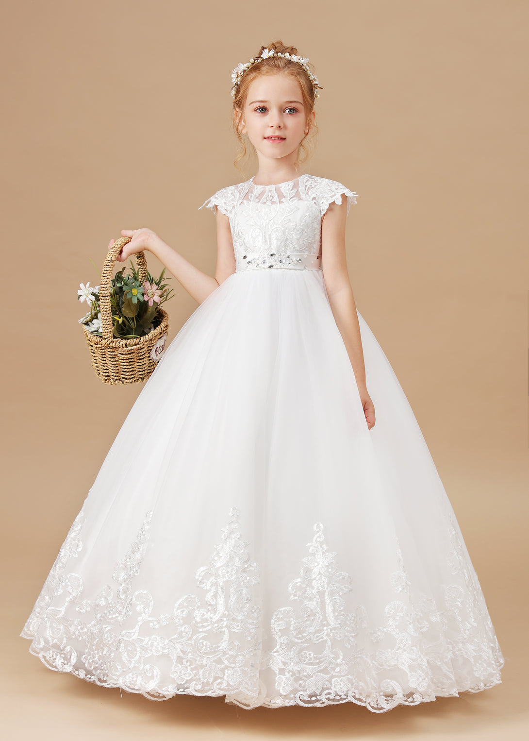 Ball-Gown/Princess Scoop Floor-Length Tulle/Lace Applique Flower Girl Dress/First Communion Dress With Belt Girls Gidiondress Ivory 12M