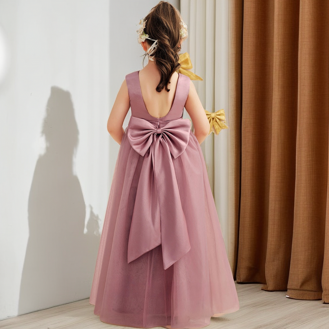 Simple Boat Neck Sleeveless Satin/Tulle Floor-Length Girls Birthday Dresses With Belt/Bow Girls Gidiondress