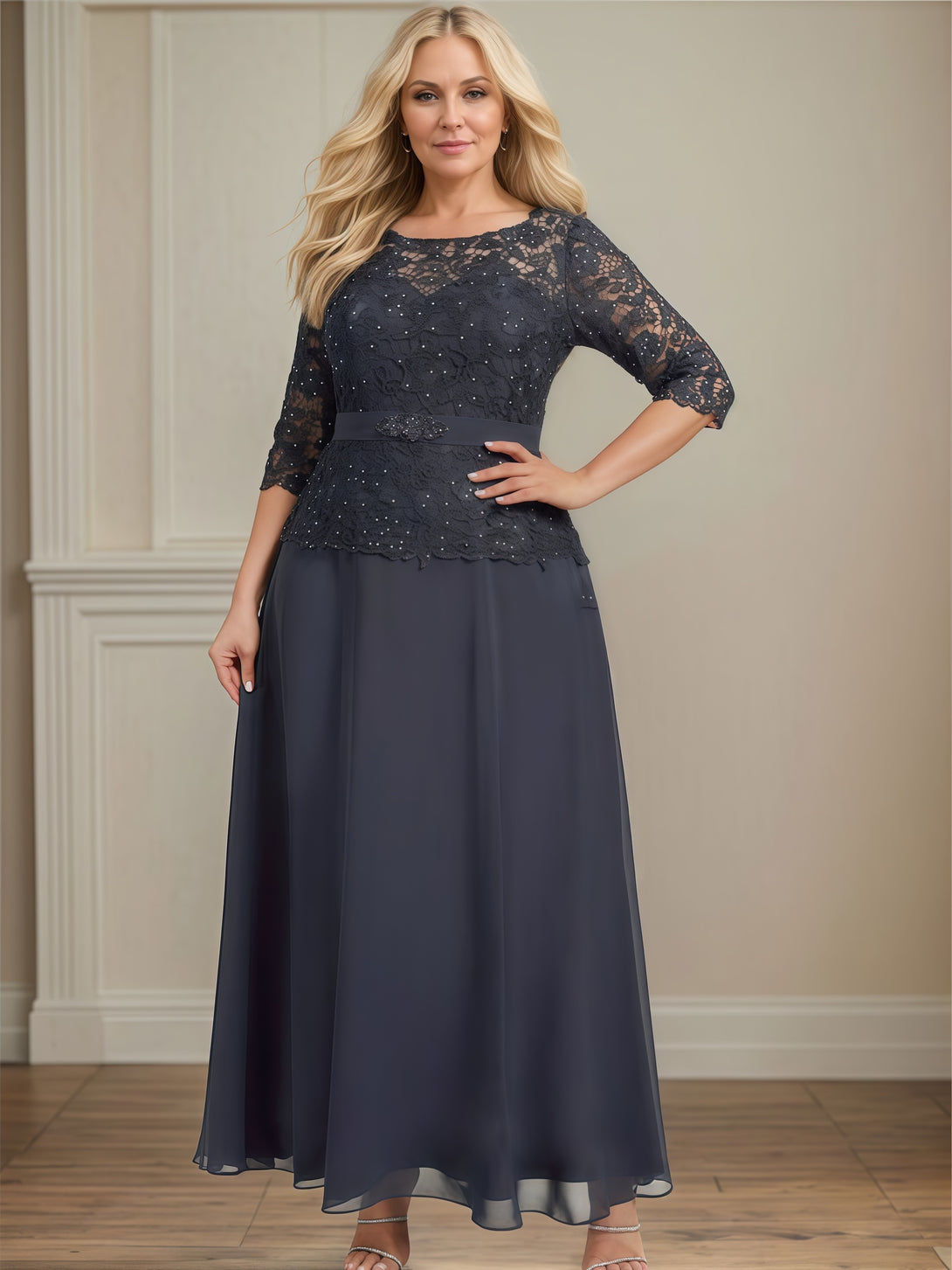 Round Neck 3/4 Sleeve A-Line Ankel-Length Chiffon/Lace Mother of the Bride Dress With Appliques/Beads/Belt BabaMila