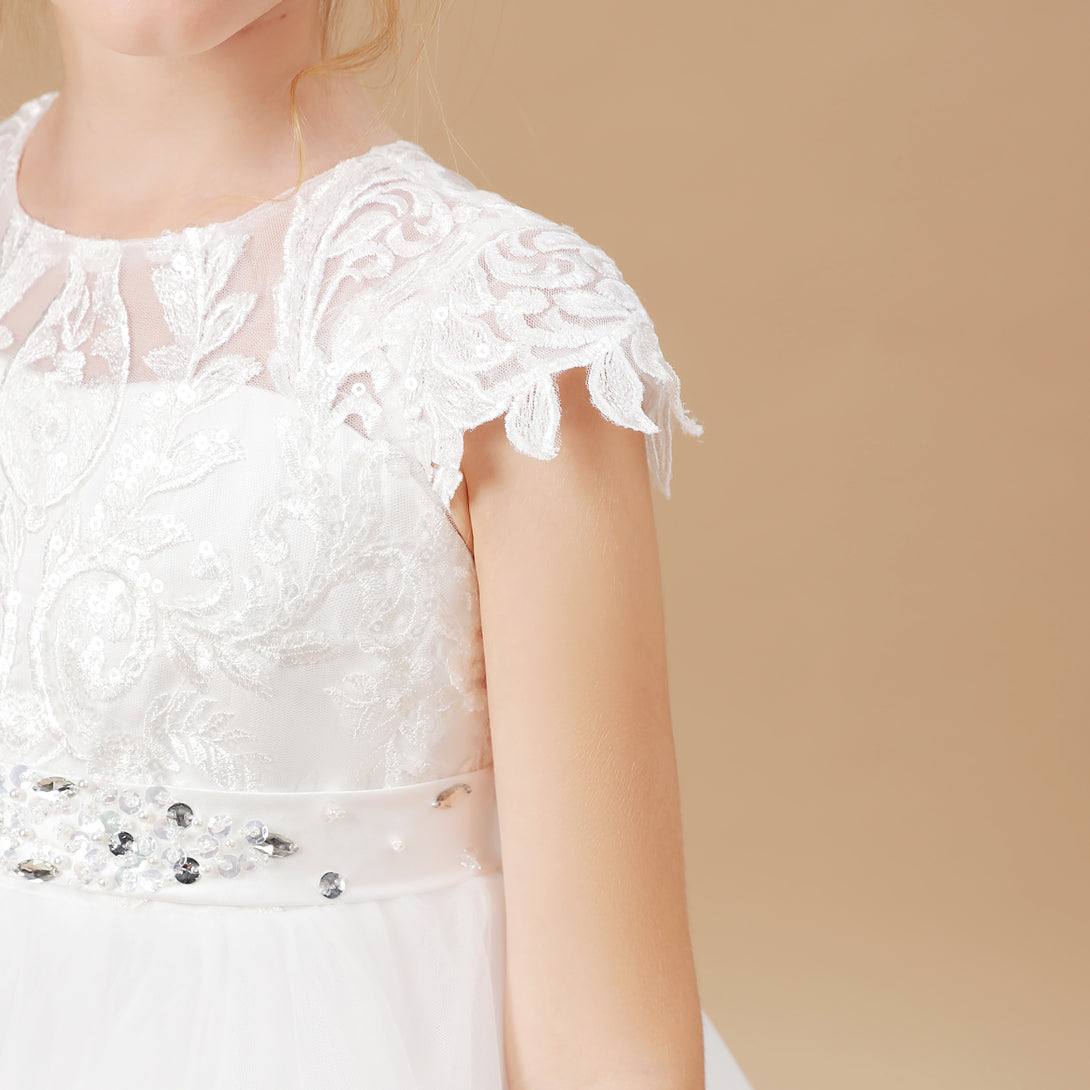Ball-Gown/Princess Scoop Floor-Length Tulle/Lace Applique Flower Girl Dress/First Communion Dress With Belt Girls Gidiondress
