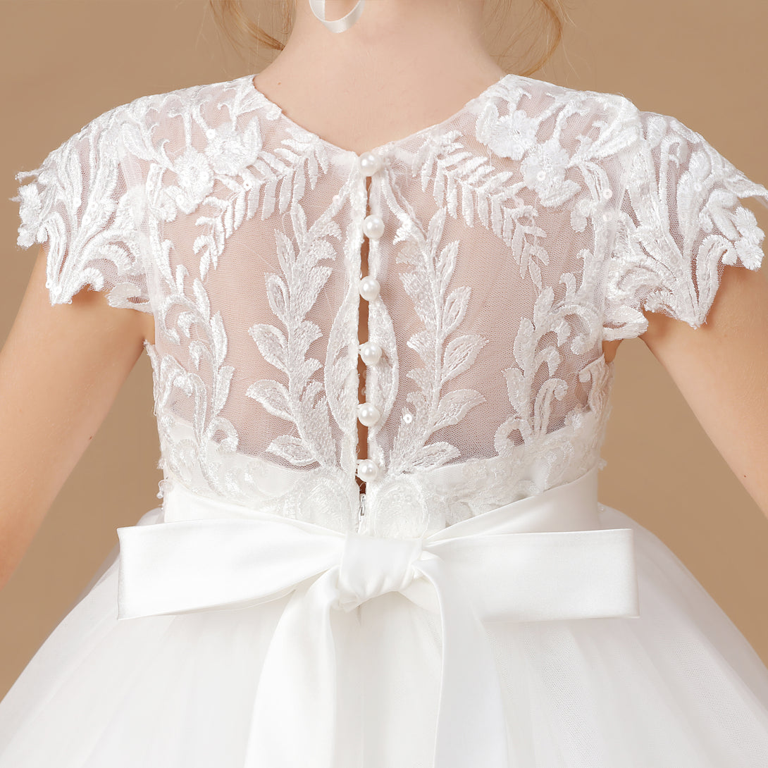 Ball-Gown/Princess Scoop Floor-Length Tulle/Lace Applique Flower Girl Dress/First Communion Dress With Belt Girls Gidiondress