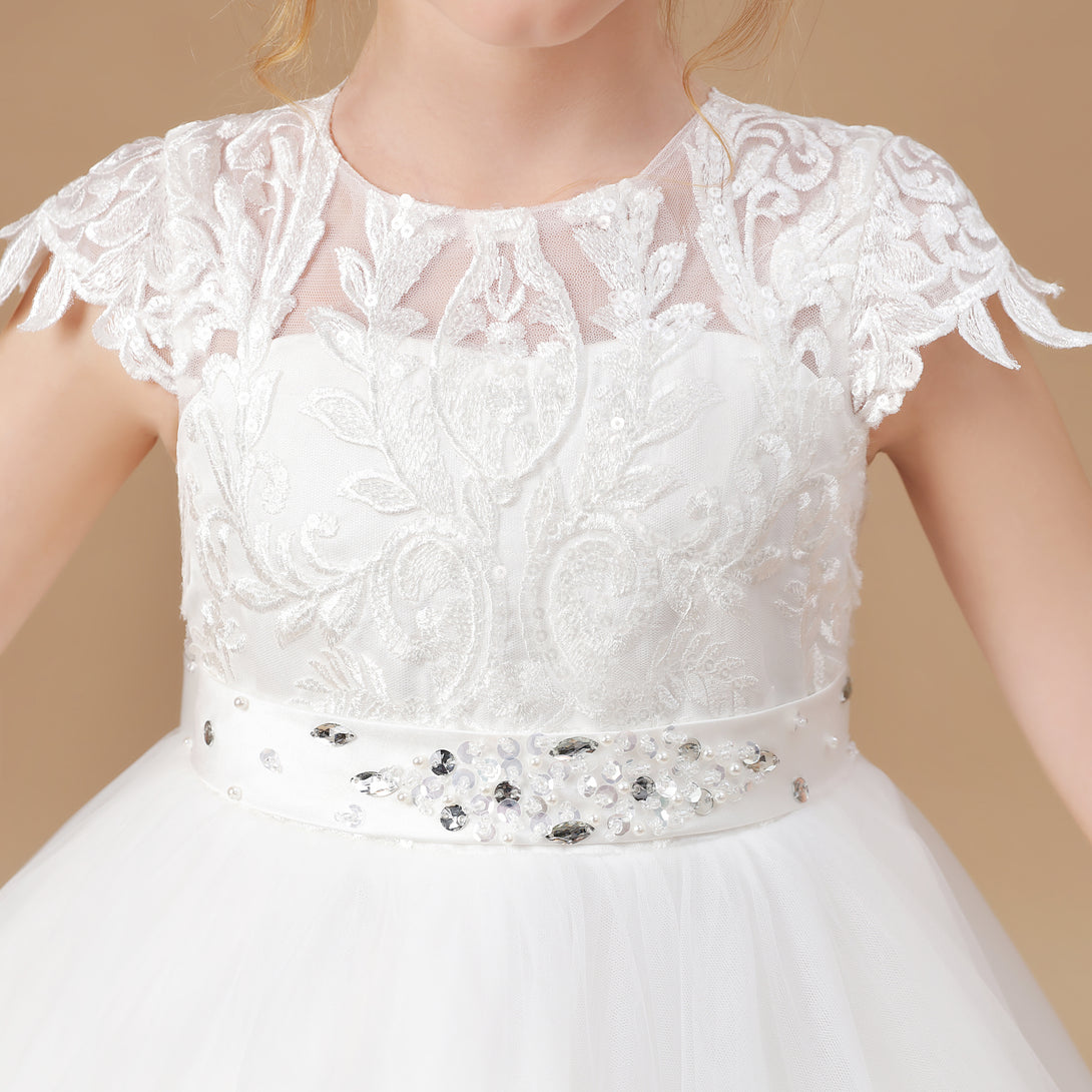 Ball-Gown/Princess Scoop Floor-Length Tulle/Lace Applique Flower Girl Dress/First Communion Dress With Belt Girls Gidiondress