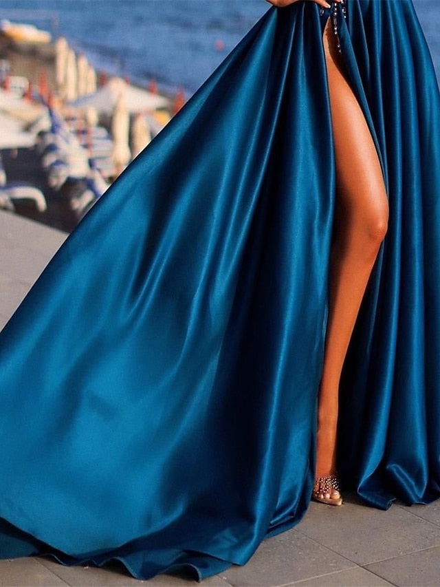 A-Line/Princess One-Shoulder Evening Dresses Satin Prom Party Dress With Beading & Split Side BabaMila